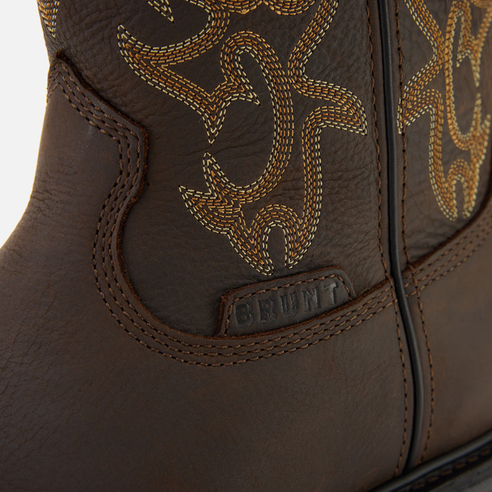 Close up details of the BRUNT 10 inch welted square toe work boot in dark brown