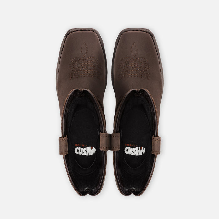 Above shot of the toe shape of the BRUNT 10 inch welted square toe work boot in dark brown