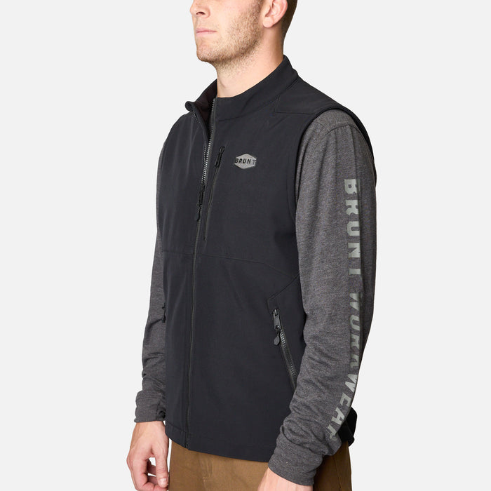 45 degree angle of the left BRUNT quilted water-resistant work vest in black