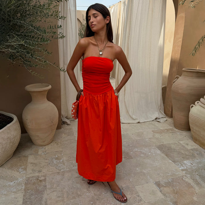Tomato Lola Mid-axi Dress in red with a ruched bandeau bodice and cotton skirt, ideal for summer vacation dressing.