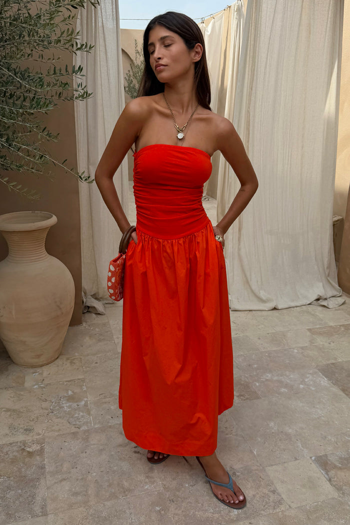 Red Tomato Lola Mid-axi Dress featuring a strapless ruched bodice and cotton skirt, perfect for a summer vacation.