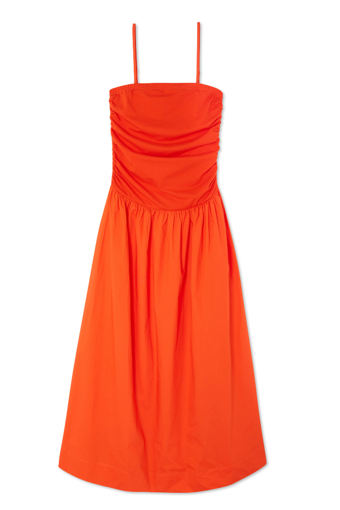 Red Tomato Lola Mid-axi Dress with a ruched cotton bodice and thin detachable straps.