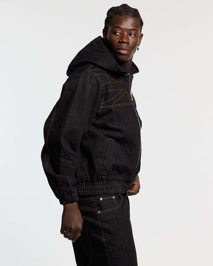 TOP BOY JACKET BLACK DENIM - black denim hooded jacket, side view - Cold Culture #man
