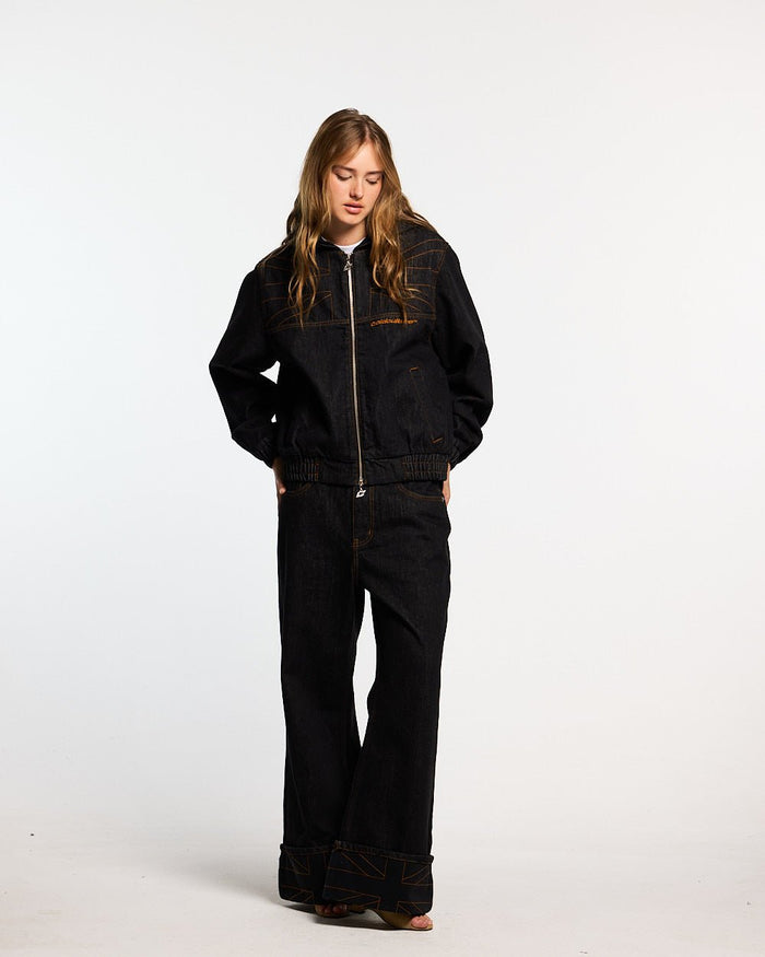 TOP BOY JACKET BLACK DENIM - black denim hooded jacket, front view on female model - Cold Culture #woman