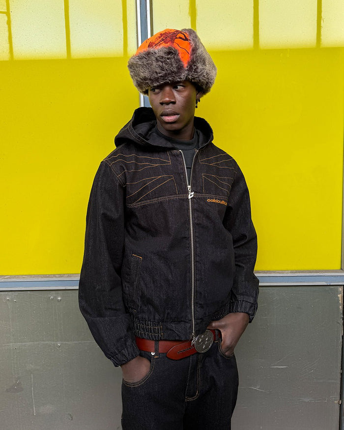TOP BOY JACKET BLACK DENIM - black denim hooded jacket, street style shot - Cold Culture