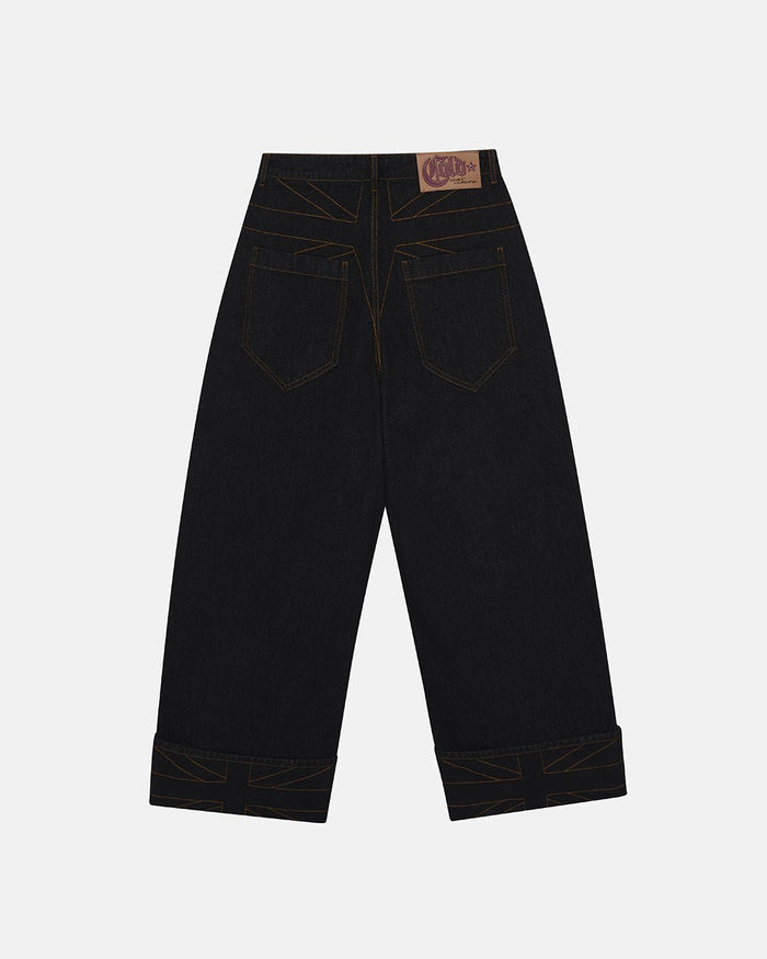 TOP BOY PANTS BLACK DENIM - black denim baggy pants, back view - Cold Culture