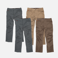 Four of the BRUNT water resistant double knee cargo pants in charcoal, tan and brown