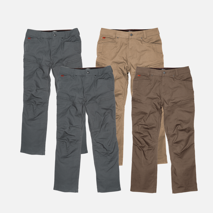 Four of the BRUNT water resistant double knee cargo pants in charcoal, tan and brown