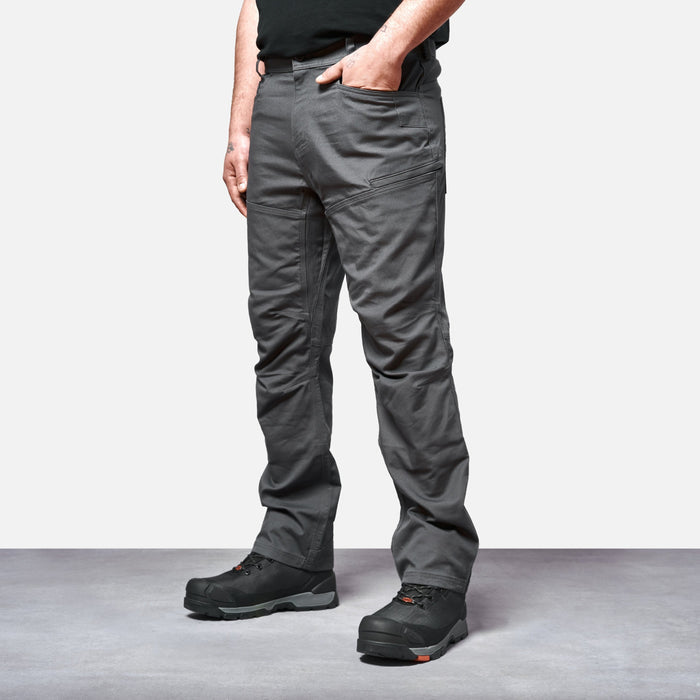 45 degree angle of front left side of BRUNT water resistant double knee cargo pants in charcoal