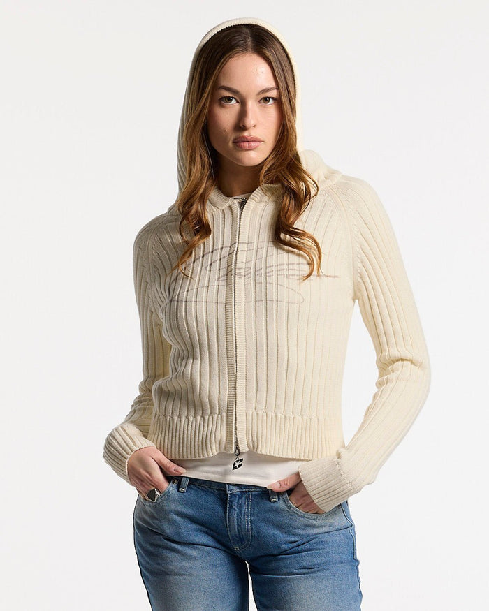 TRACK HOOD ZIP KNIT OFF-WHITE - off white hooded knit sweater, front view on female model - Cold Culture #woman