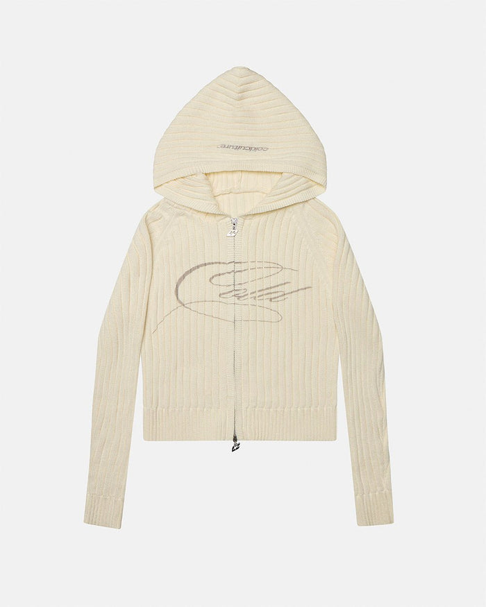 TRACK HOOD ZIP KNIT OFF-WHITE - off white hooded knit sweater, front view - Cold Culture