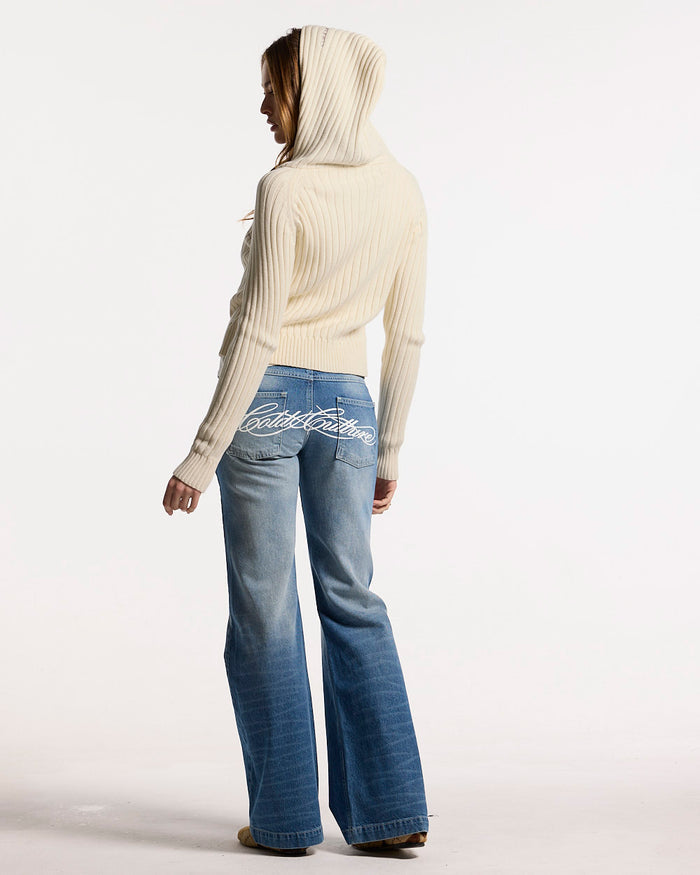 TRACK HOOD ZIP KNIT OFF-WHITE - off white hooded knit sweater, back view on female model - Cold Culture #woman