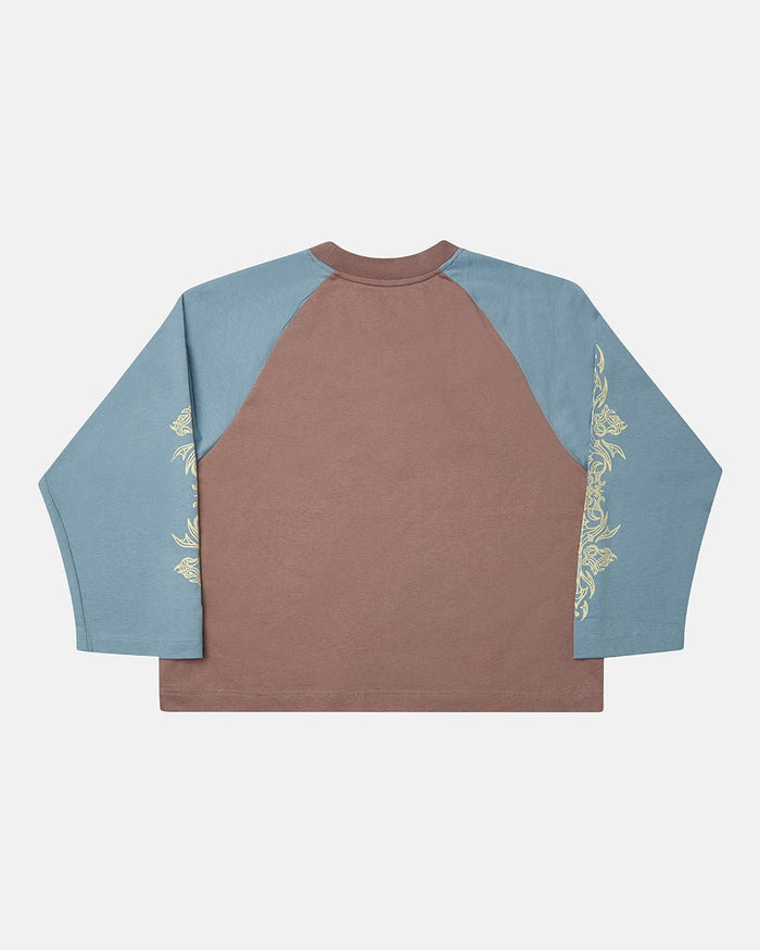 TRIBAL LONGSLEEVE BROWN & BLUE - brown and blue tribal longsleeve tee, back view - Cold Culture
