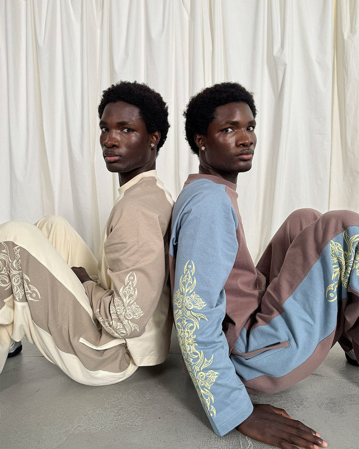 TRIBAL LONGSLEEVE BROWN & BLUE - brown and blue tribal longsleeve tee, street style shot - Cold Culture