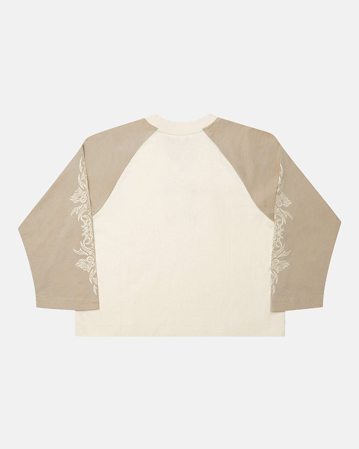 TRIBAL LONGSLEEVE GREY & OFF WHITE - off white tribal longsleeve tee, back view - Cold Culture