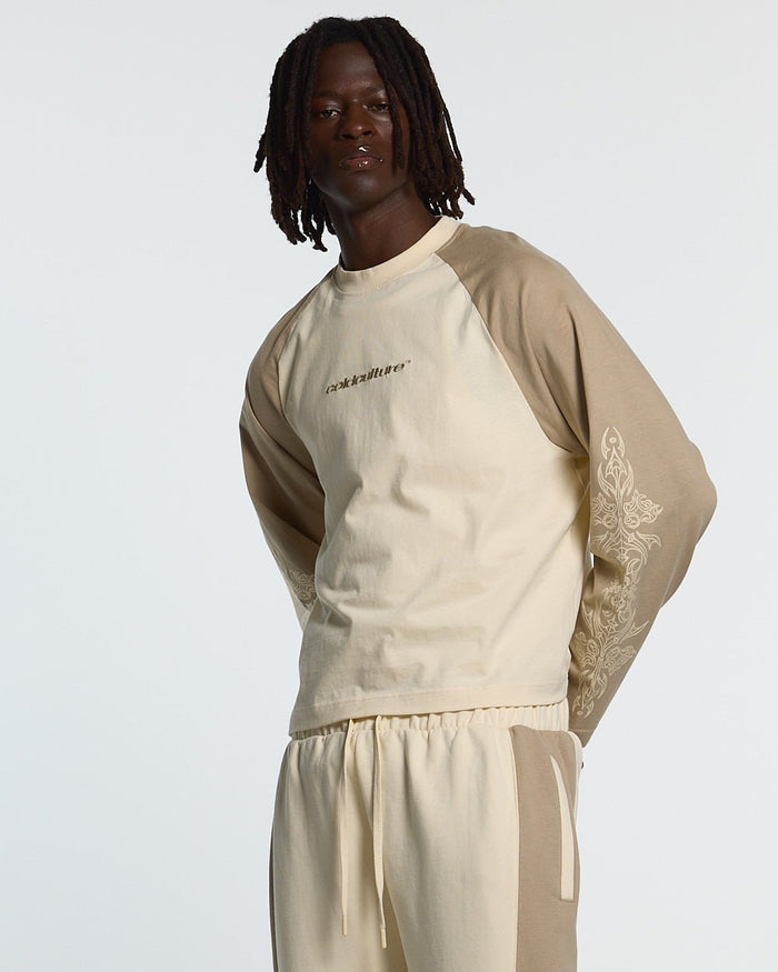 TRIBAL LONGSLEEVE GREY & OFF WHITE - off white tribal longsleeve tee, front view on male model - Cold Culture #man