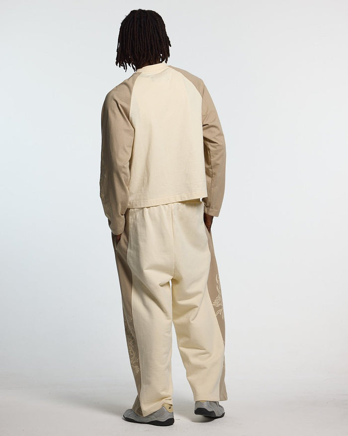 TRIBAL LONGSLEEVE GREY & OFF WHITE - off white tribal longsleeve tee, back view on male model - Cold Culture #man