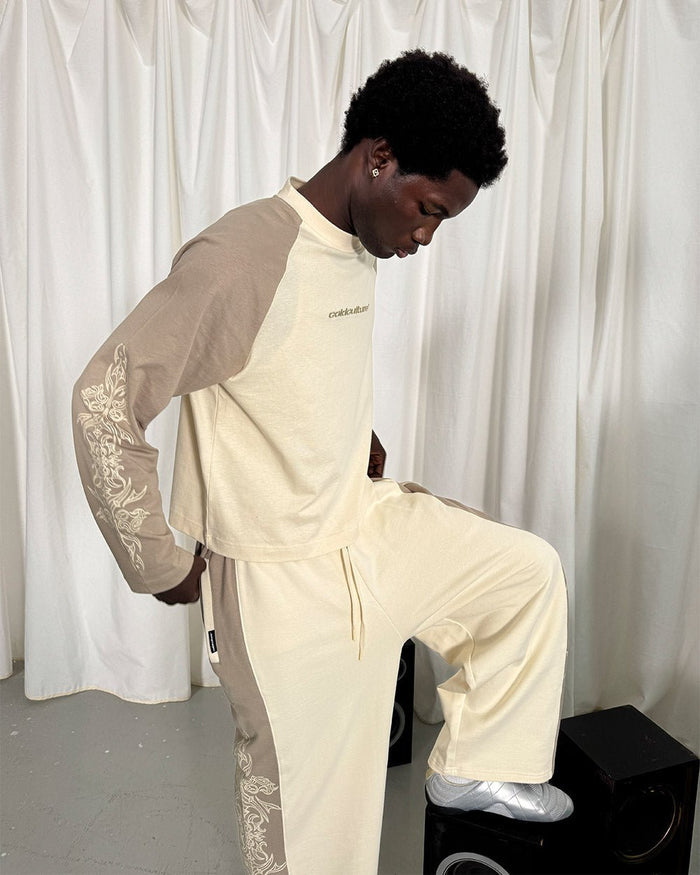 TRIBAL LONGSLEEVE GREY & OFF WHITE - off white tribal longsleeve tee, street style shot - Cold Culture