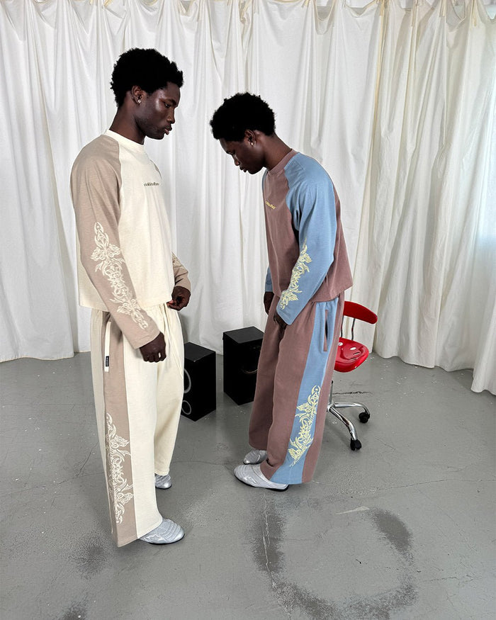 TRIBAL LONGSLEEVE GREY & OFF WHITE - off white tribal longsleeve tee, street style shot - Cold Culture