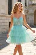 Turquoise Beaded Corset Tiered Tulle Homecoming Dress with Lace-Up Back RM141 Sheer Fairy