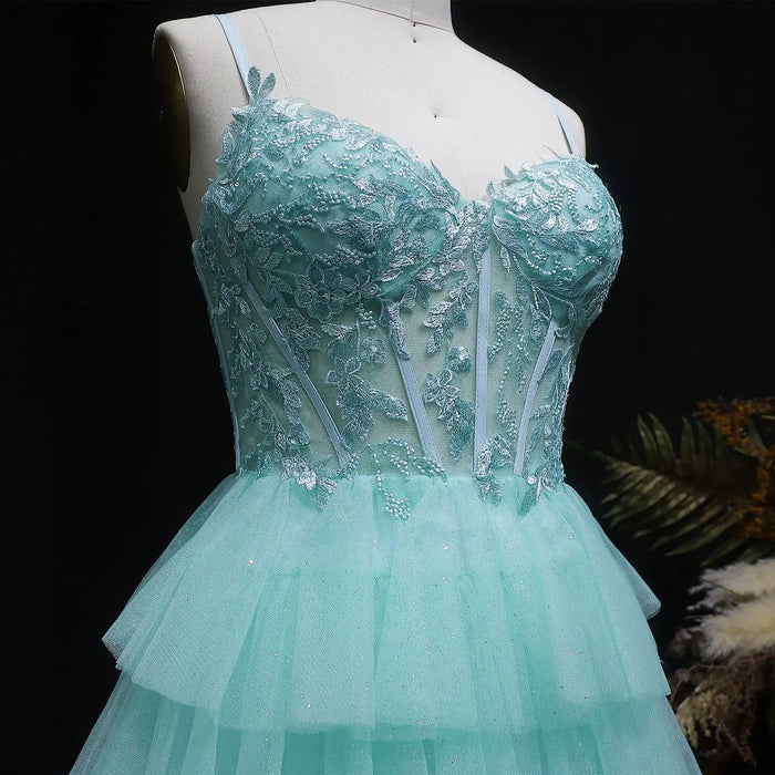 Turquoise Beaded Corset Tiered Tulle Homecoming Dress with Lace-Up Back RM141 Sheer Fairy