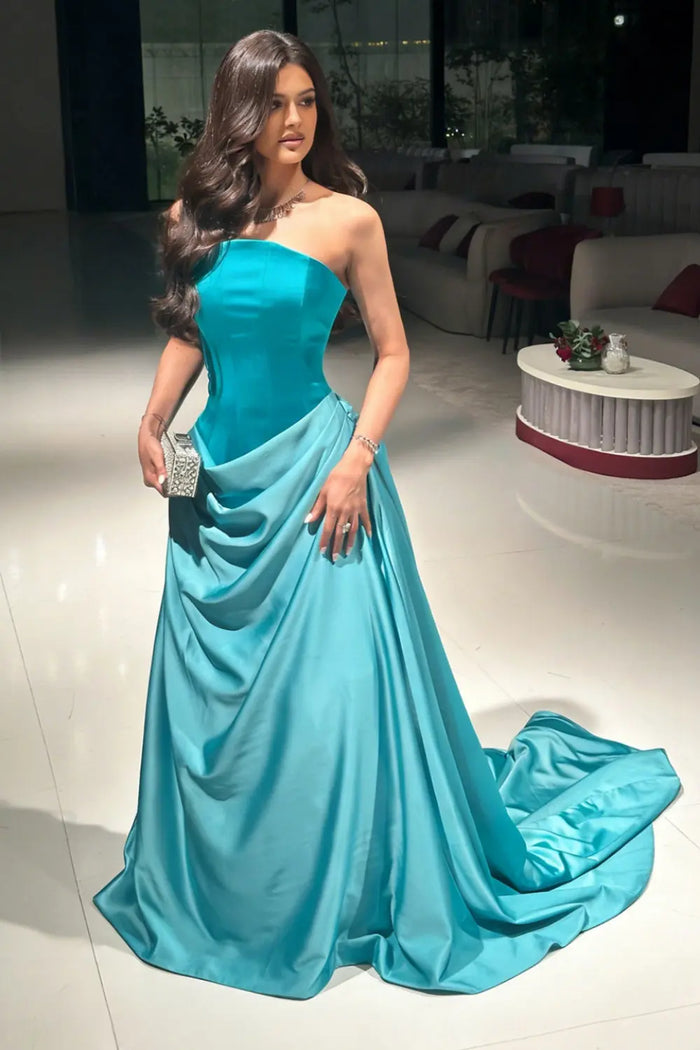 Turquoise Satin Ball Gown Strapless Evening Dress with Draped Train SF058 Sheer Fairy