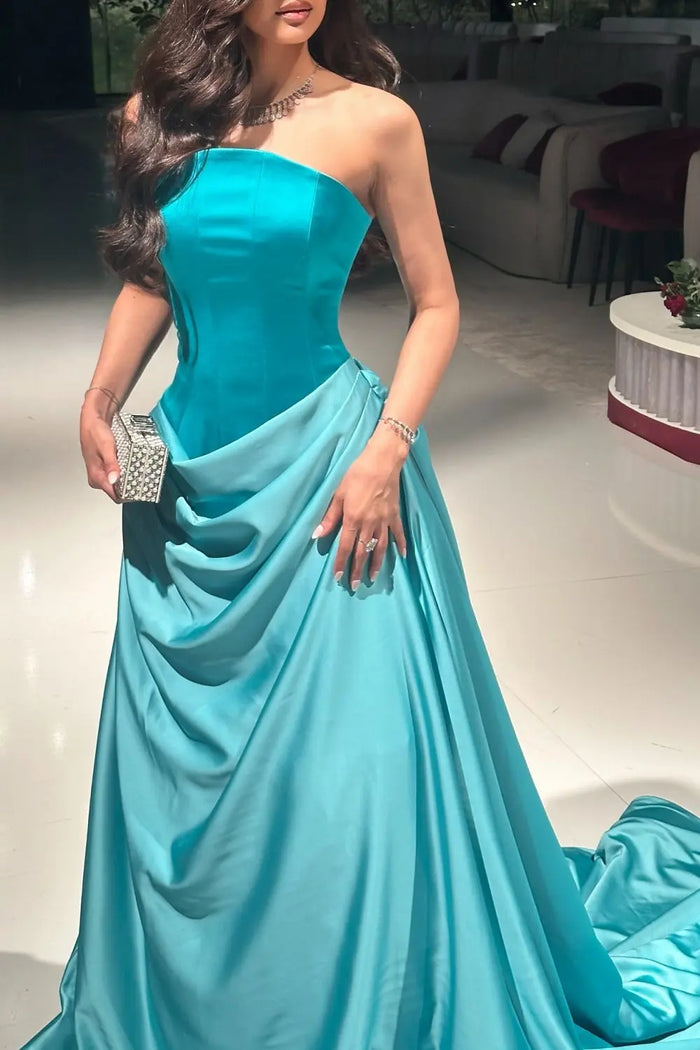 Turquoise Satin Ball Gown Strapless Evening Dress with Draped Train SF058 Sheer Fairy