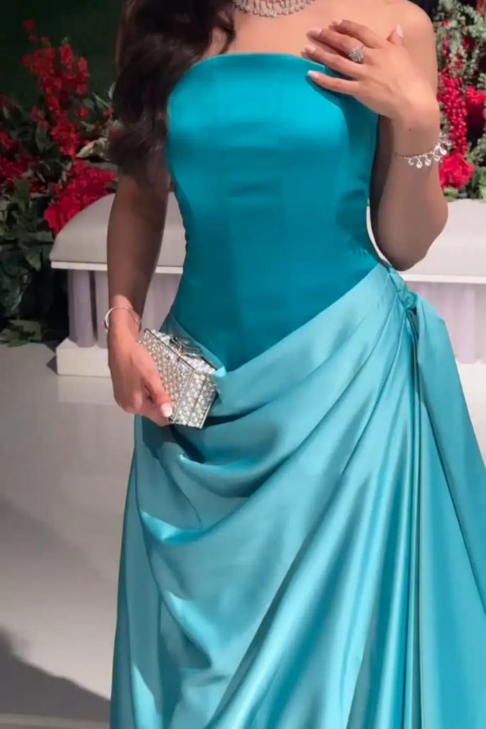 Turquoise Satin Ball Gown Strapless Evening Dress with Draped Train SF058 Sheer Fairy