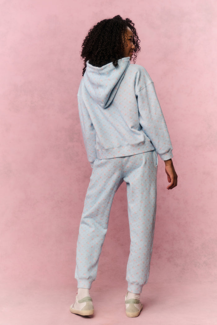 Young girl wearing a blue sweatshirt and pants on a pink background