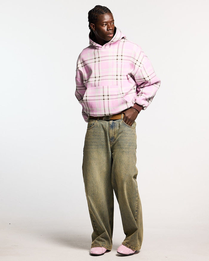 TWO FACES HOODIE BROWN & PINK - pink plaid hoodie, front view on male model - Cold Culture #man