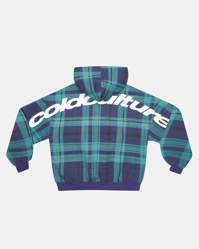 TWO FACES HOODIE NAVY & GREEN - navy and green plaid hoodie, back view - Cold Culture