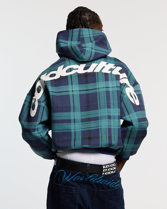 TWO FACES HOODIE NAVY & GREEN - navy and green plaid hoodie, back view on male model - Cold Culture #man