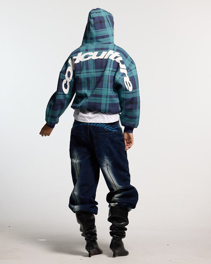 TWO FACES HOODIE NAVY & GREEN - navy and green plaid hoodie, back view on female model - Cold Culture #woman
