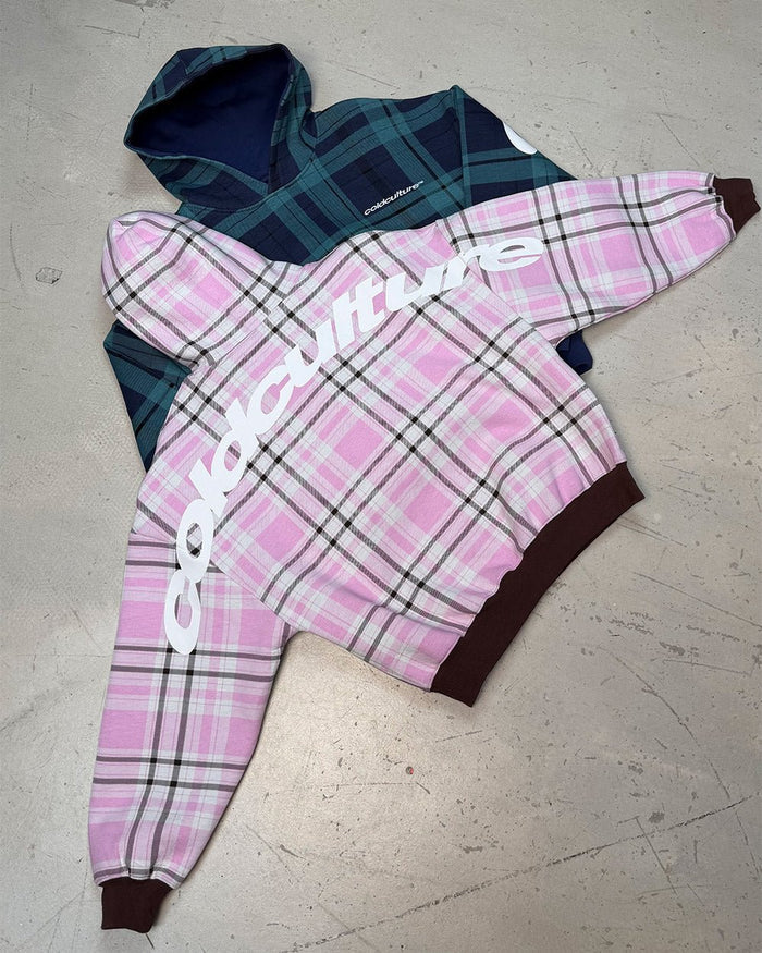 TWO FACES HOODIE BROWN & PINK - pink plaid hoodie, flat lay with matching pieces - Cold Culture