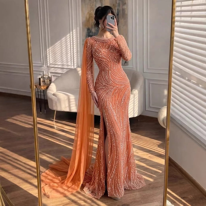 uxury Orange Beaded Pearl Mermaid Evening Dress With Cloak Split LA72268A