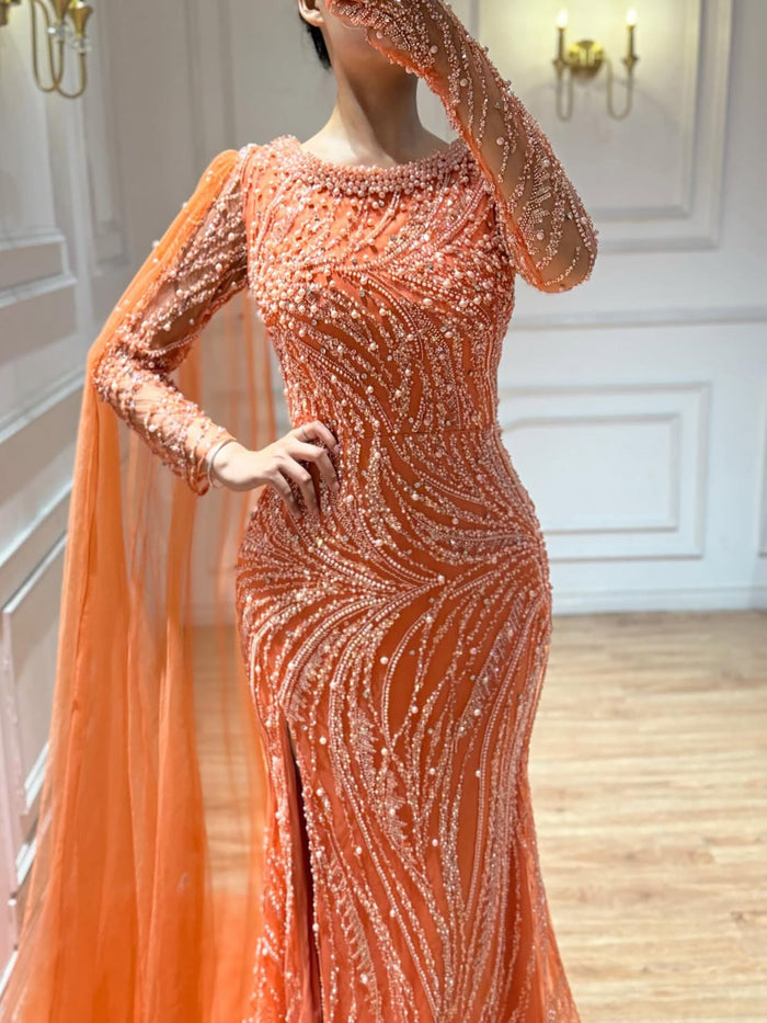 uxury Orange Beaded Pearl Mermaid Evening Dress With Cloak Split LA72268A