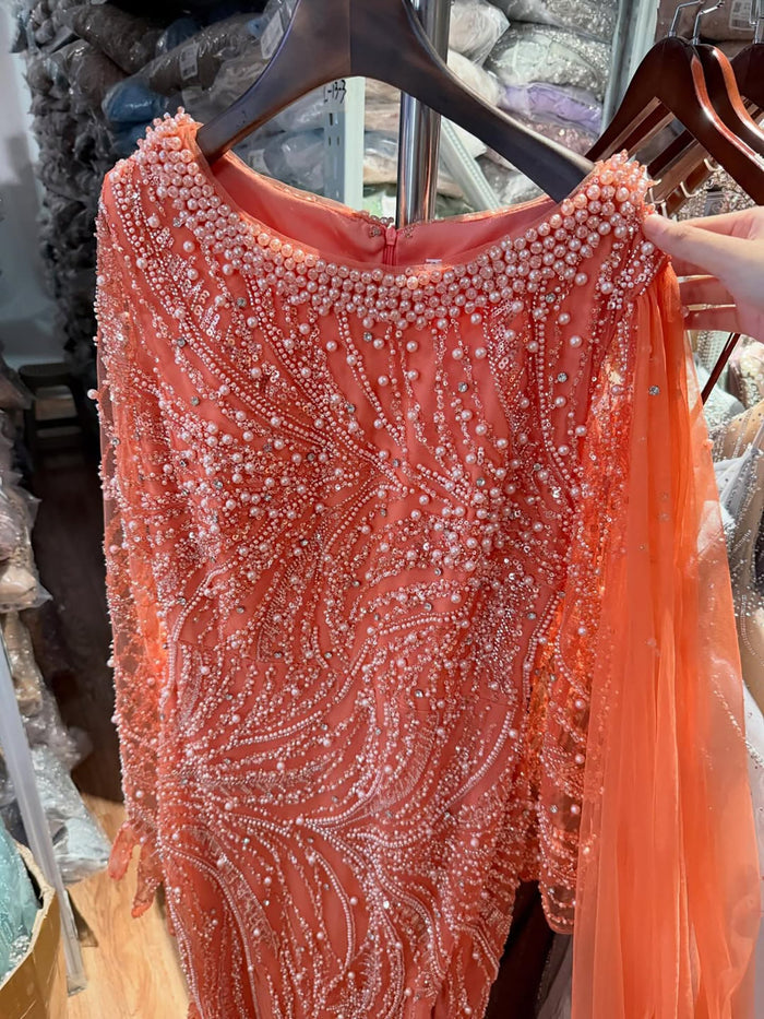 uxury Orange Beaded Pearl Mermaid Evening Dress With Cloak Split LA72268A
