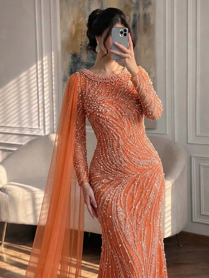 uxury Orange Beaded Pearl Mermaid Evening Dress With Cloak Split LA72268A