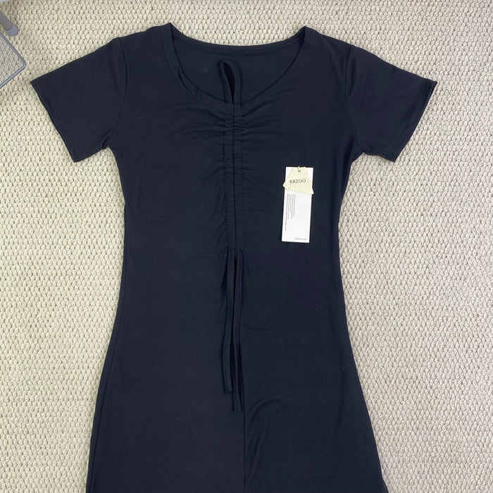 V-neck drawstring ruffled dress