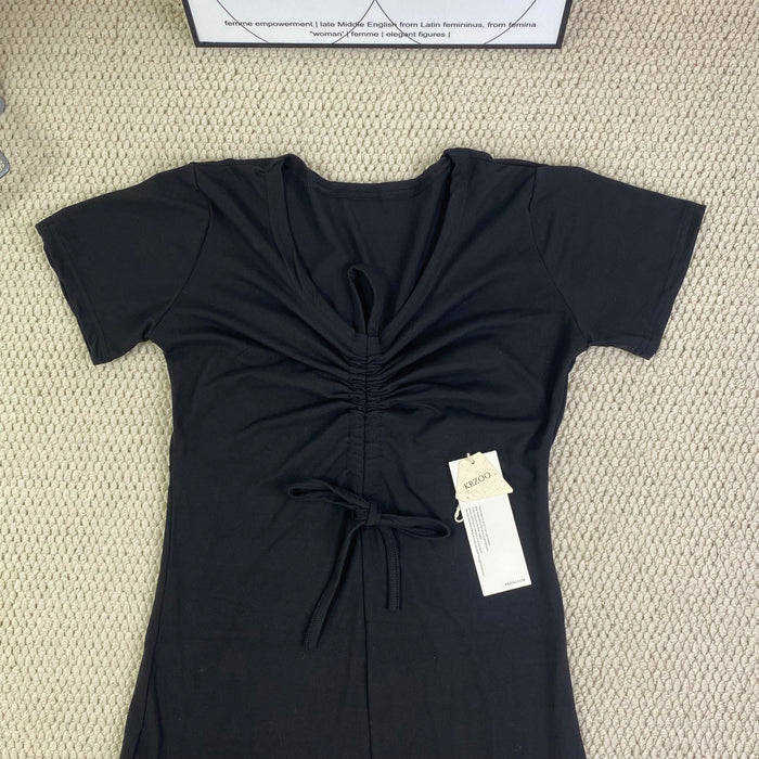 V-neck drawstring ruffled dress