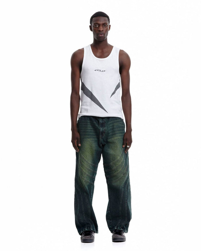 V1 MAZE PANTS GREEN DENIM - green washed denim pants, front view on male model - Cold Culture #man