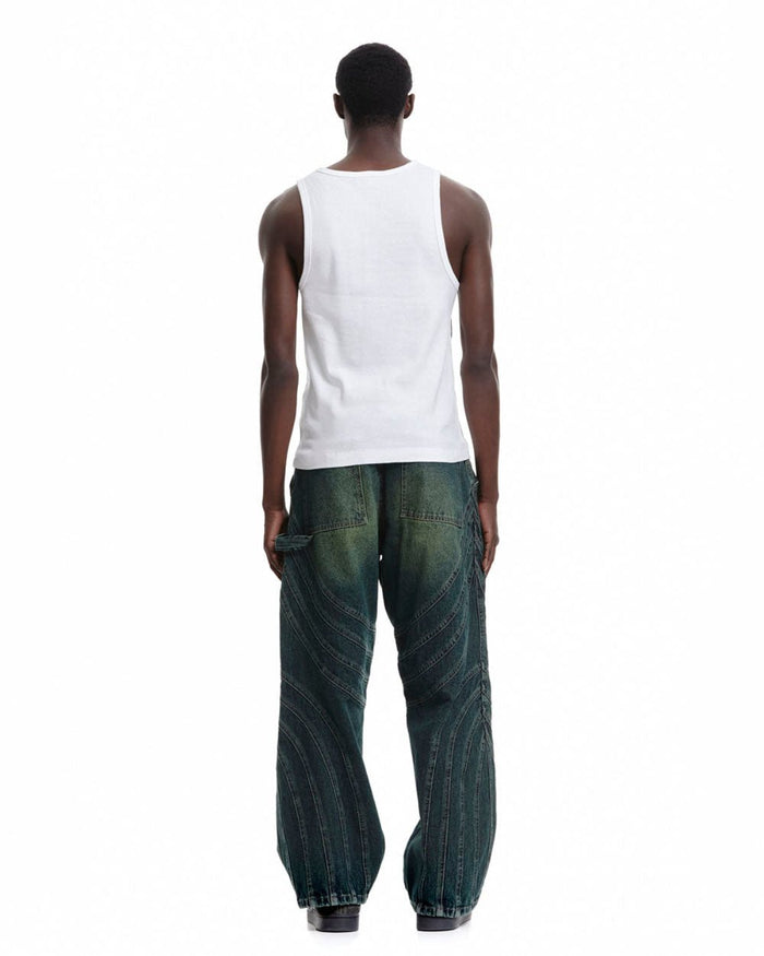 V1 MAZE PANTS GREEN DENIM - green washed denim pants, back view on male model - Cold Culture #man