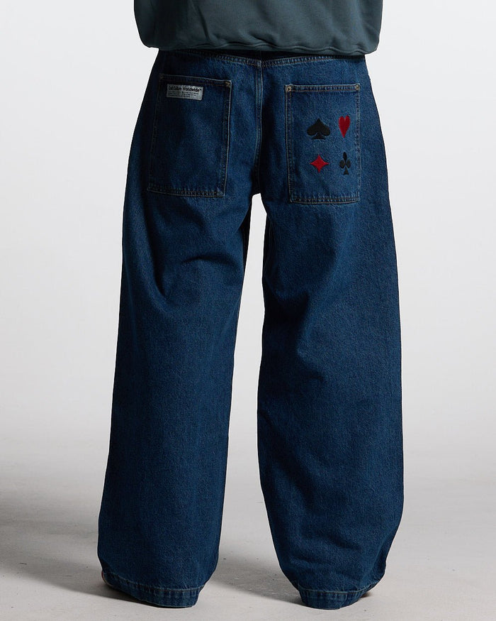 V2 PANTS BLUE DENIM - blue baggy denim pants, back view on male model - Cold Culture #man