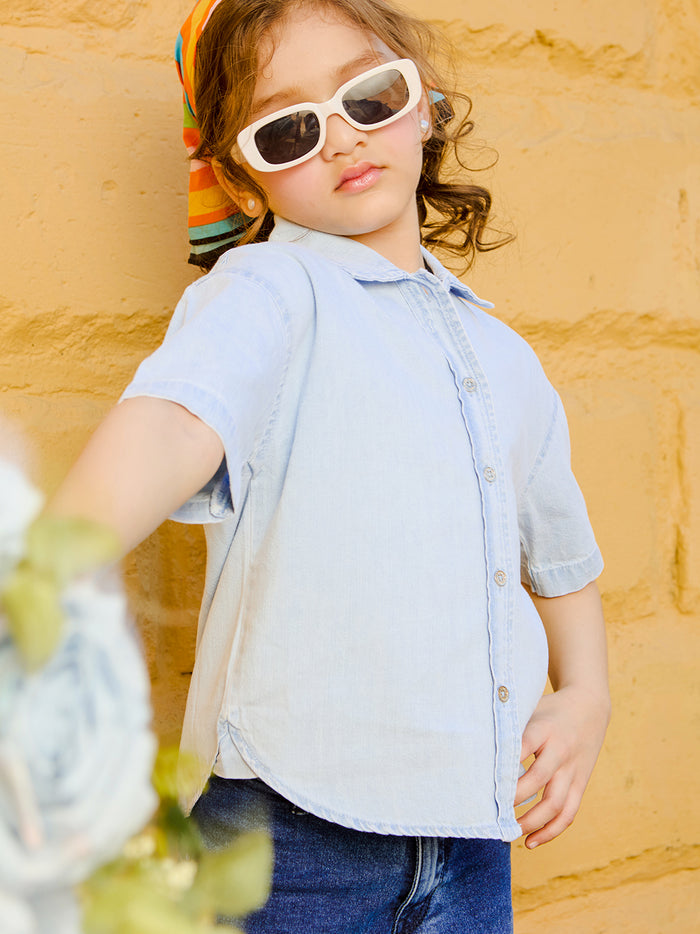 VITAMINS COLLARED NECK HALF SLEEVE DENIM SHIRT