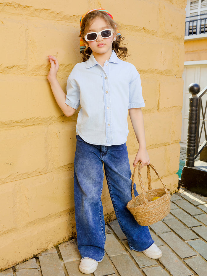 VITAMINS COLLARED NECK HALF SLEEVE DENIM SHIRT