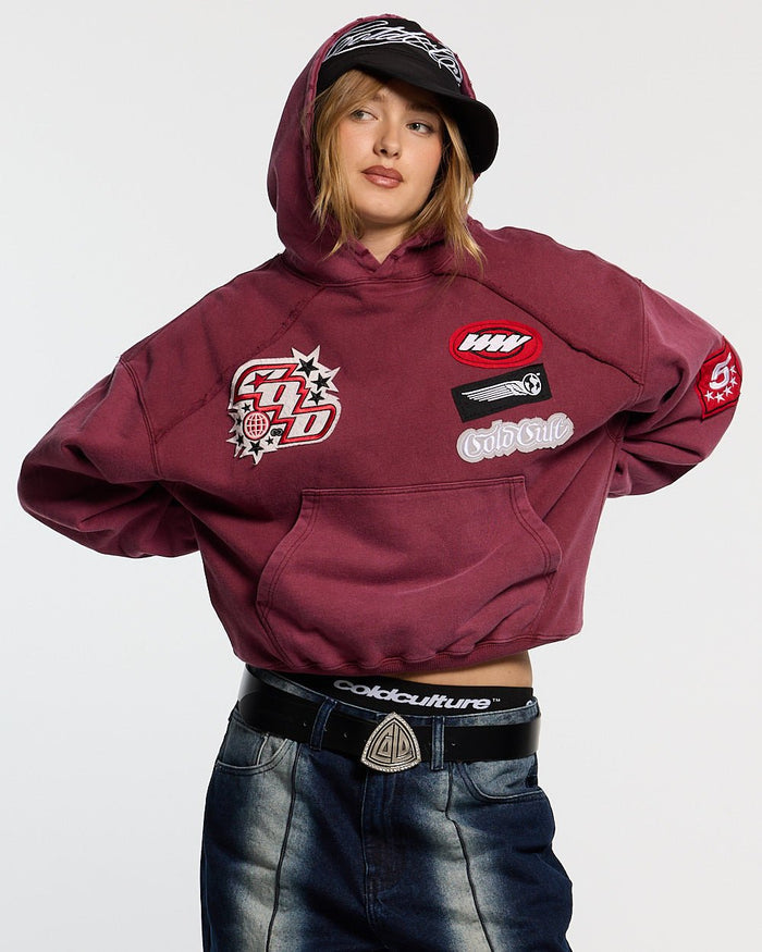 WALKER HOODIE BURGUNDY - burgundy hoodie with patches, front view on female model - Cold Culture #woman