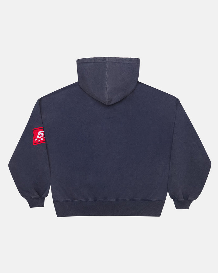 WALKER HOODIE DARK BLUE - dark blue hoodie with patches, back view - Cold Culture