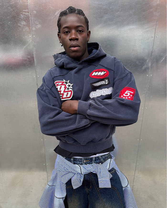 WALKER HOODIE DARK BLUE - dark blue hoodie with patches, street style shot - Cold Culture