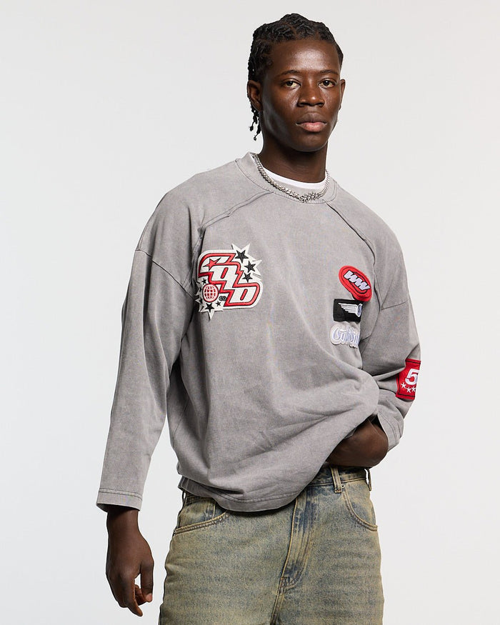WALKER LONGSLEEVE LIGHT GREY - washed grey longsleeve tee, front view on male model - Cold Culture #man