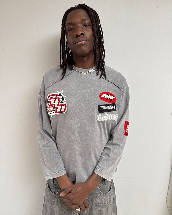 WALKER LONGSLEEVE LIGHT GREY - washed grey longsleeve tee, front view on male model - Cold Culture